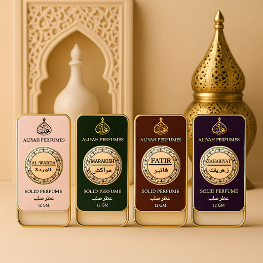 Luxury Solid Perfume Gift Set (Al-Warda, Marakish, Zahariyat, Fatir) | Arabic Long Lasting Attar | Pack of 4 (12g Each)